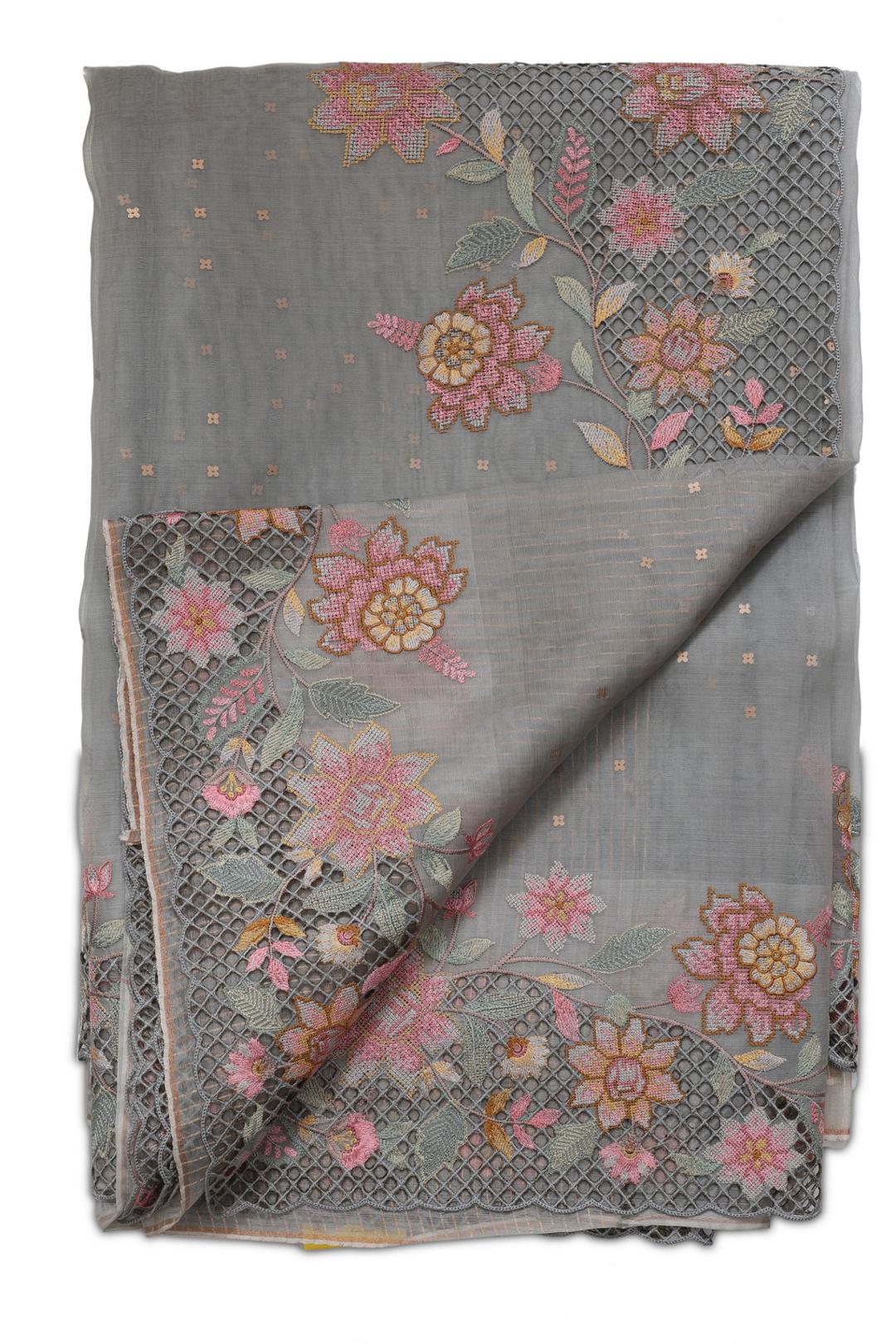 Grey Embroidered Organza Saree F00126