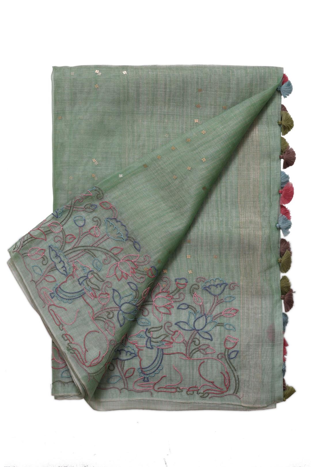 Green Embroidered Organza Saree F00064