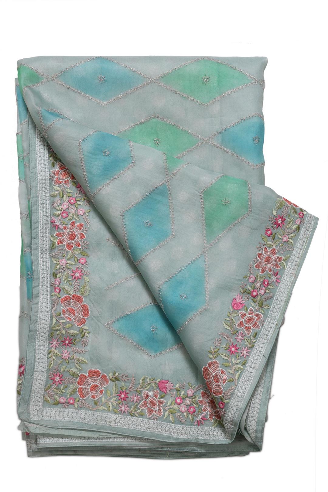 Blue And Green Hand Painted And Embroidered Organza Saree ES1305A