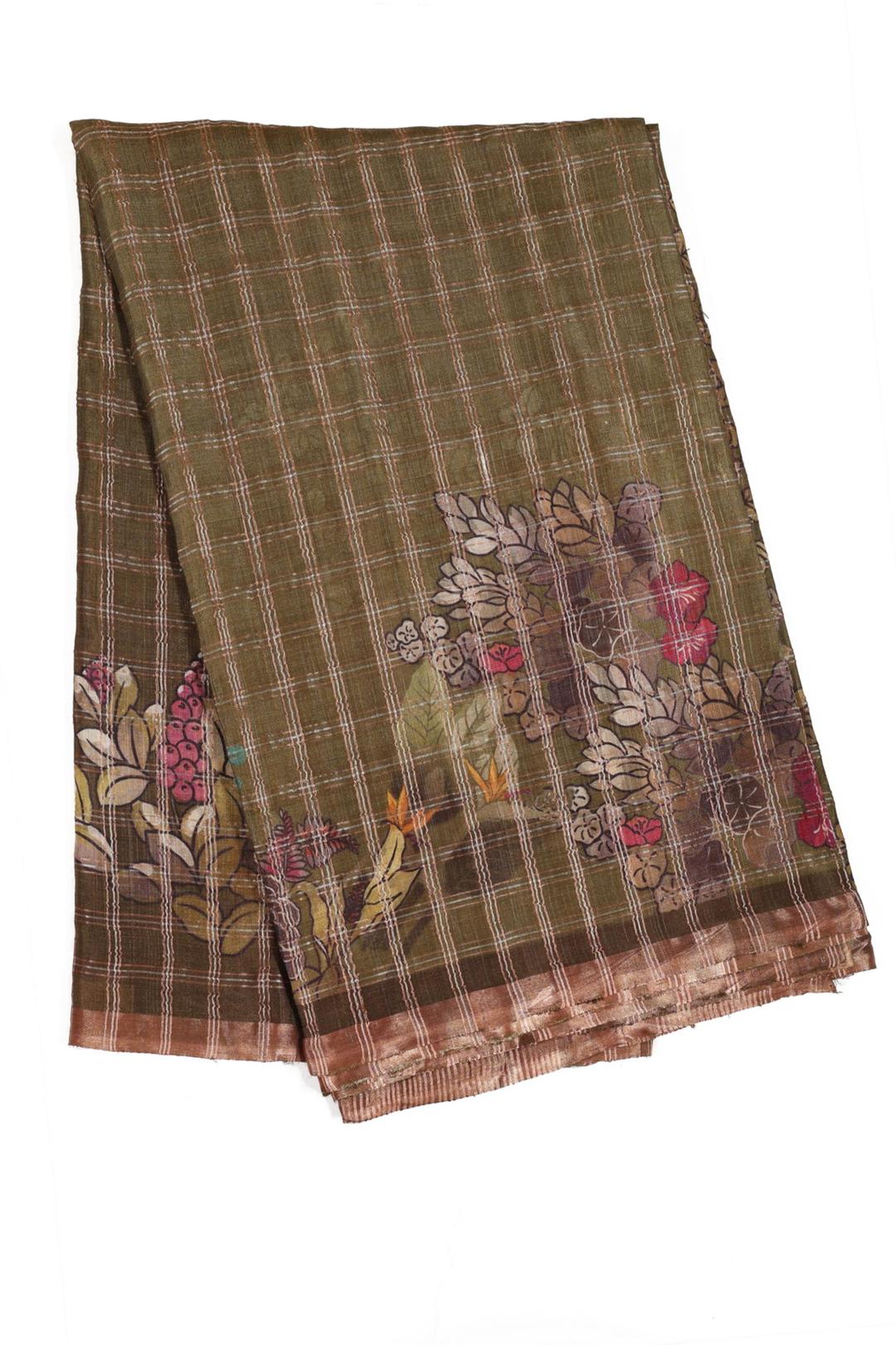 Olive Green Printed Tussar Saree F00697A