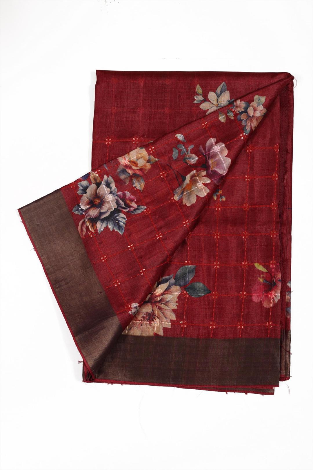 Red Printed And Embroidered Tussar Saree F01022