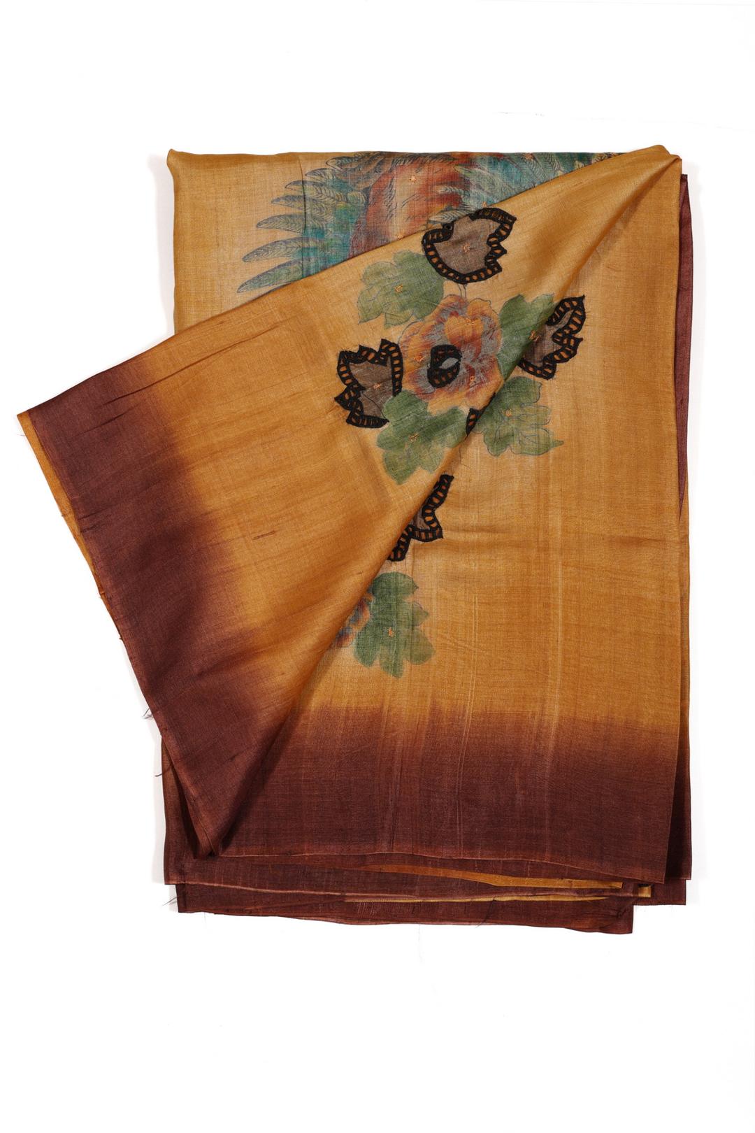 Mustard And Brown Printed Tussar Saree DS0356