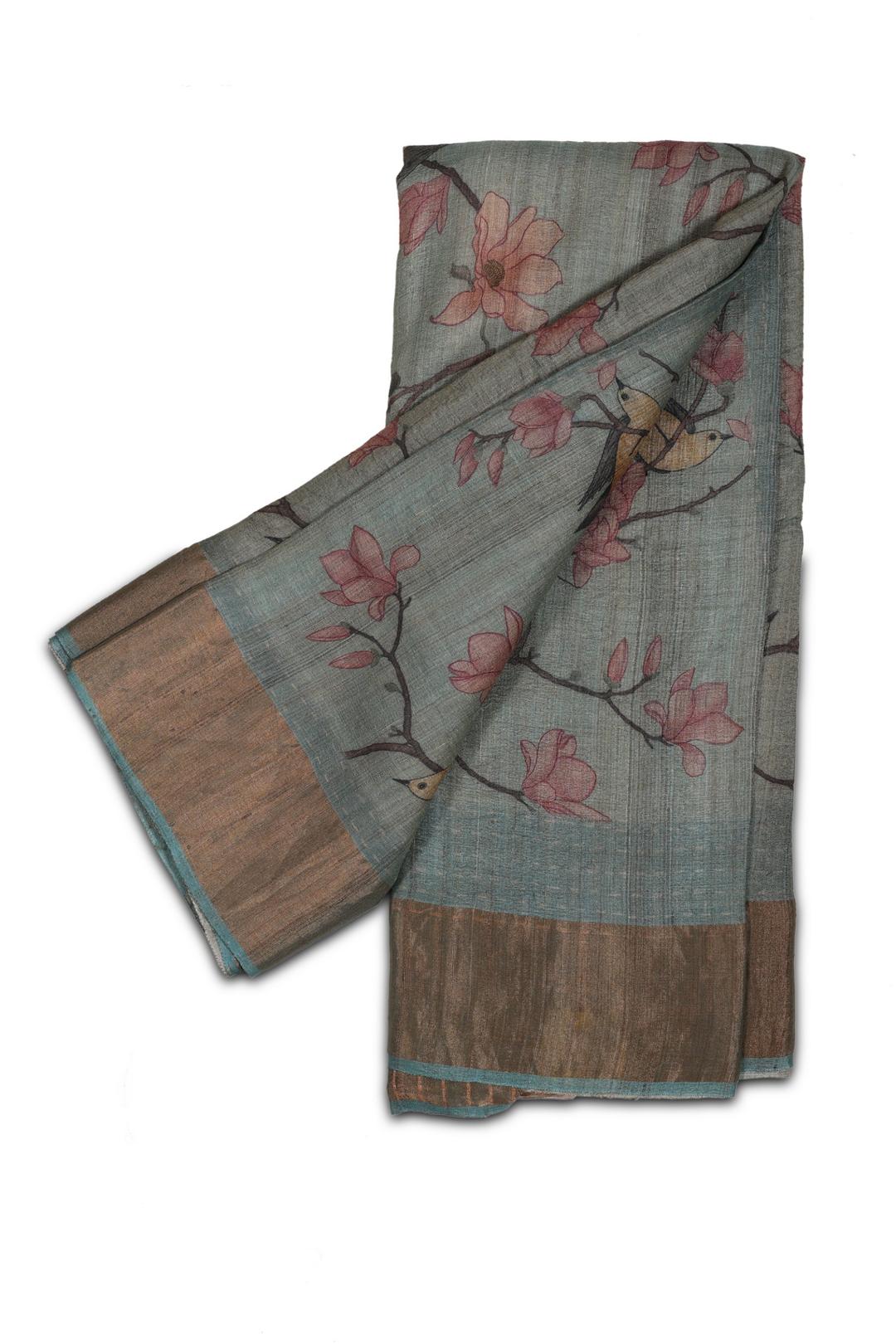 Blue Printed Tussar Saree F00507D