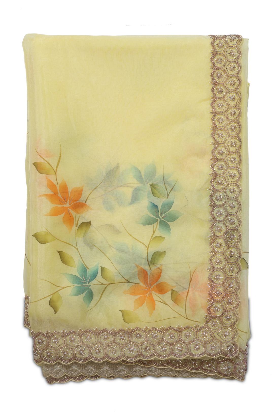 Lemon Yellow Printed Organza Saree DS0178