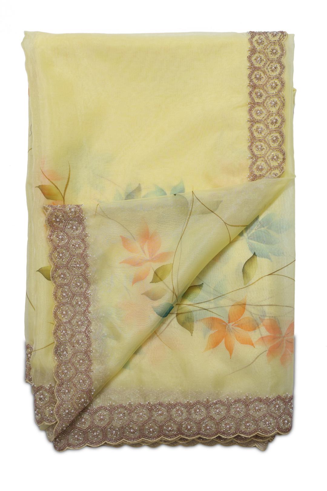 Lemon Yellow Printed Organza Saree DS0178