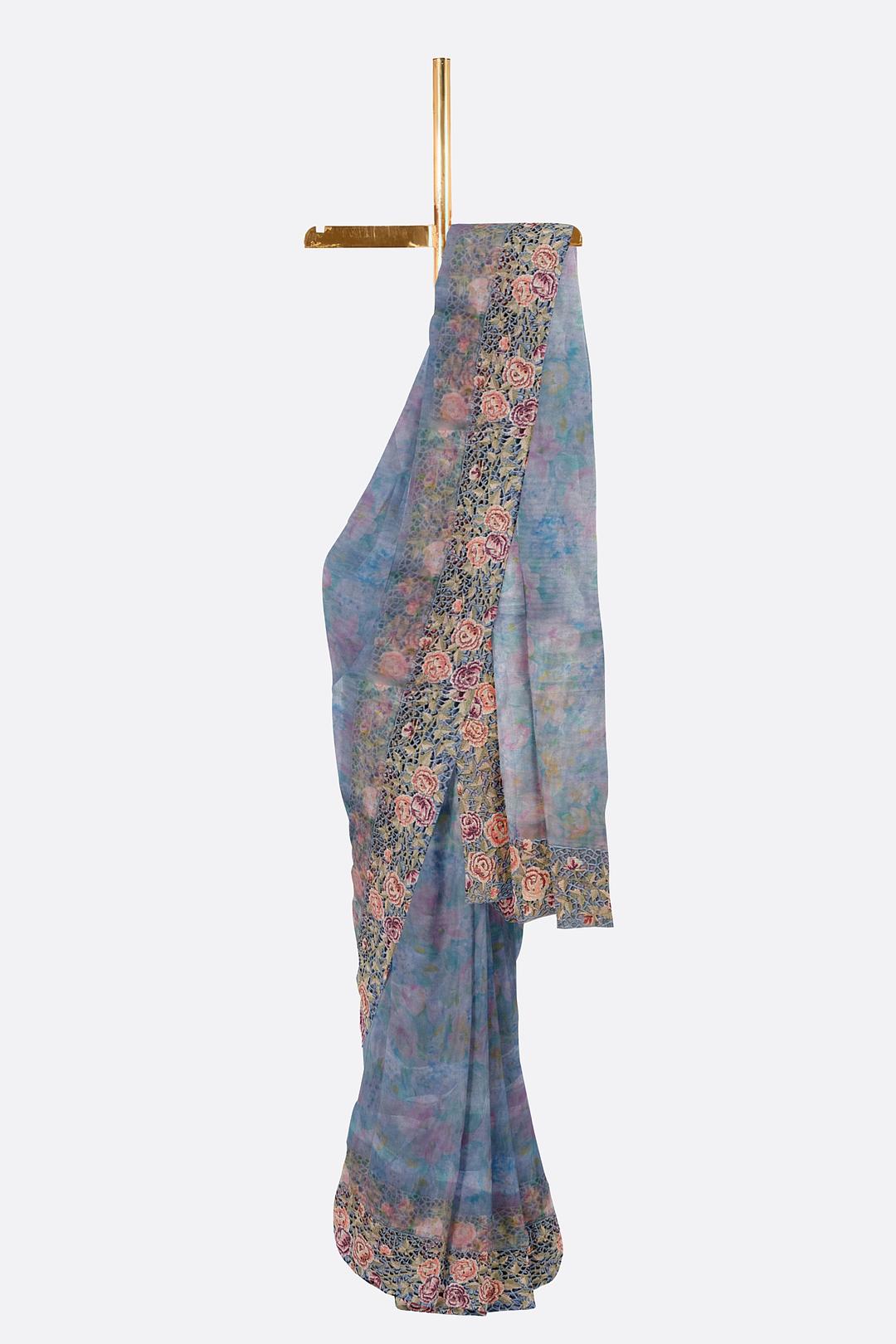 Blue Printed Organza Saree F01008