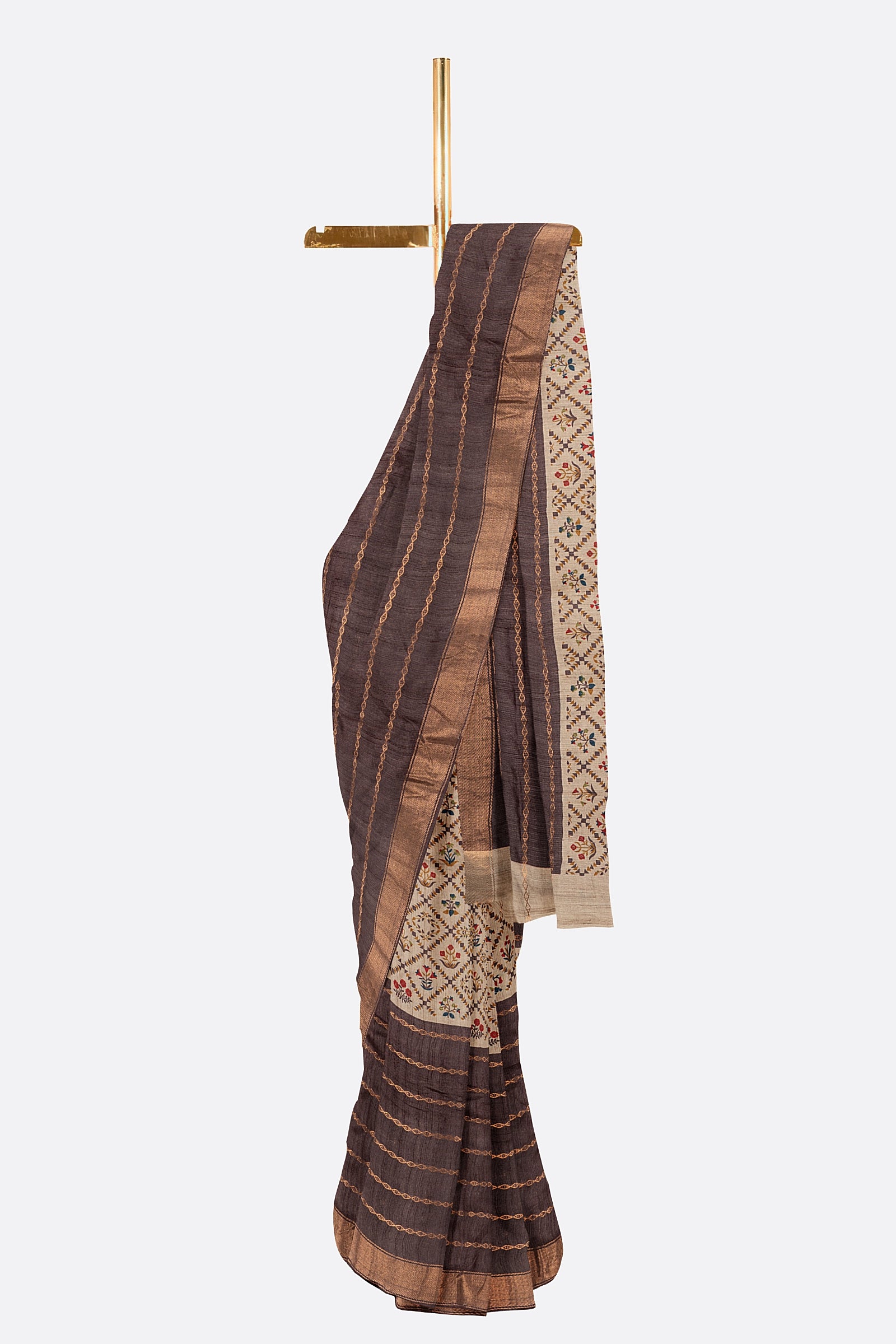 Chocolate Brown Printed Tussar Saree F01135