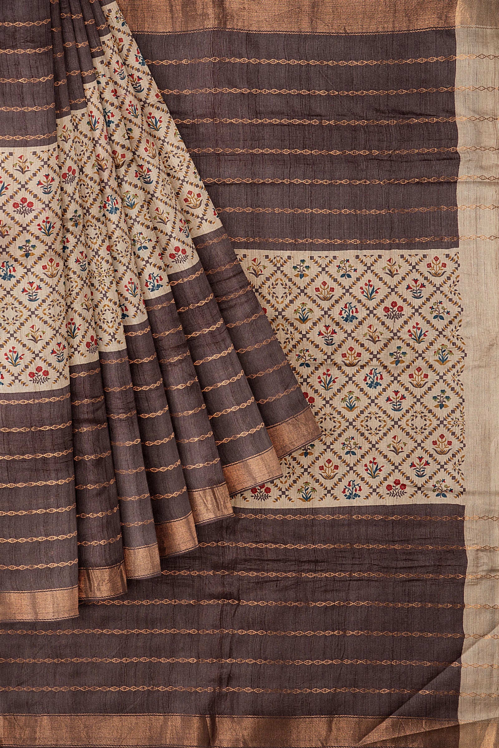 Chocolate Brown Printed Tussar Saree F01135