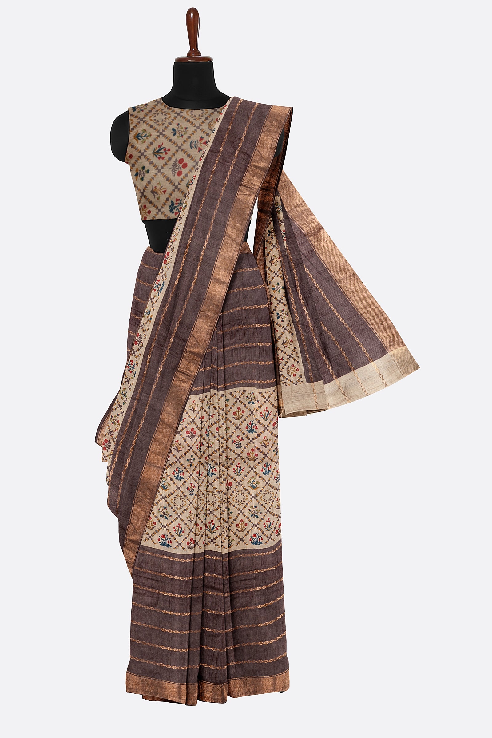 Chocolate Brown Printed Tussar Saree F01135