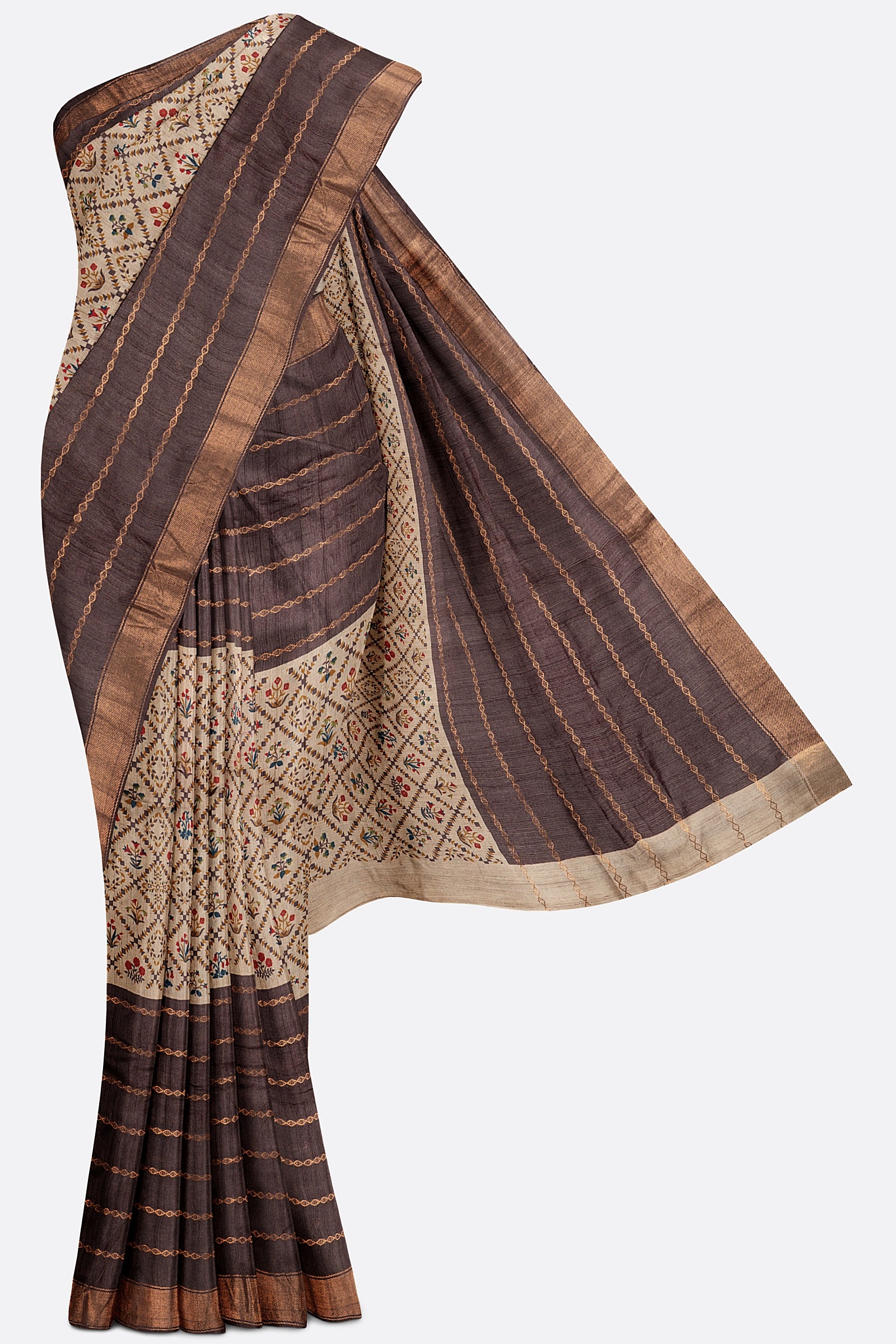 Chocolate Brown Printed Tussar Saree F01135