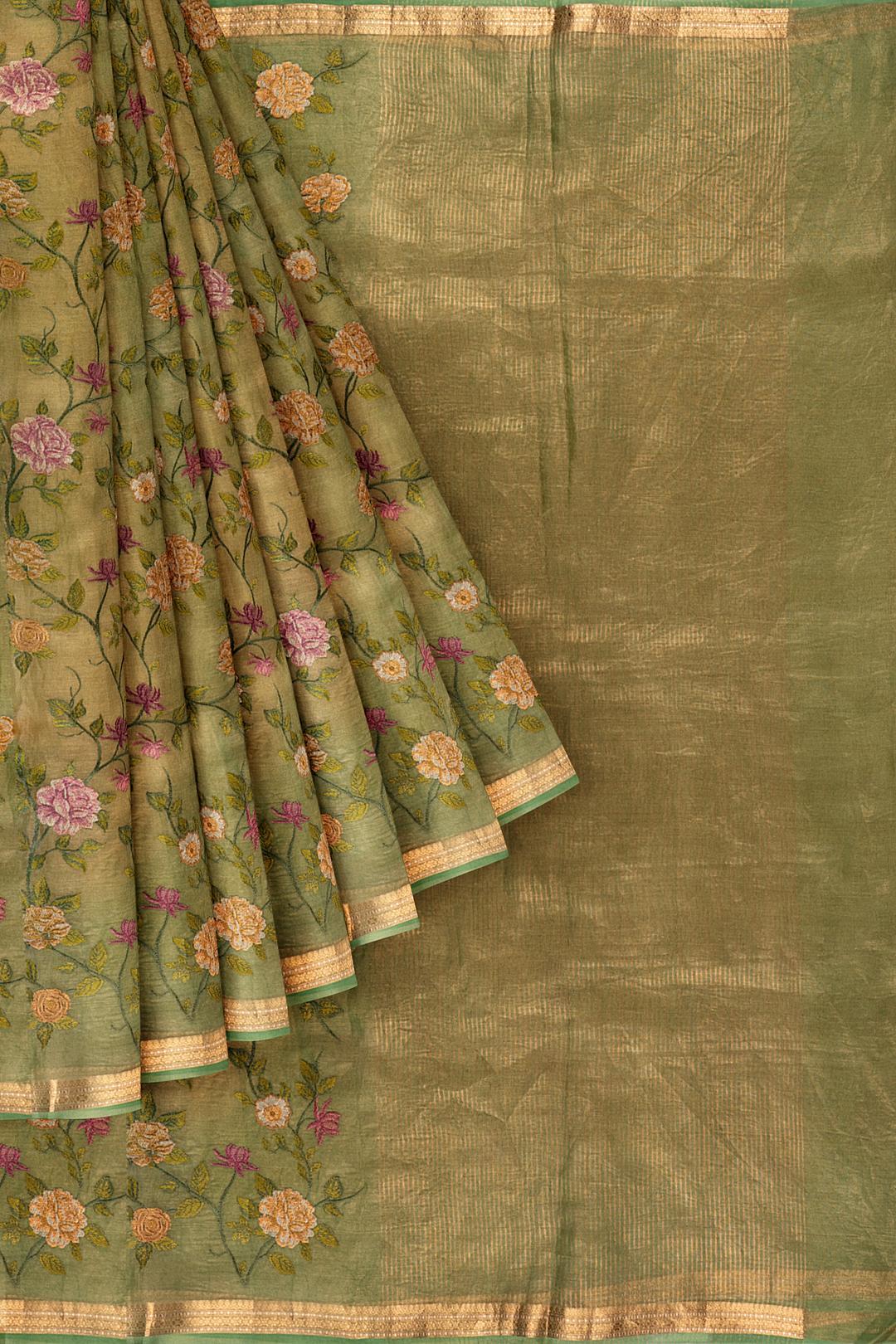 Green Embroidered Tissue Saree F00680