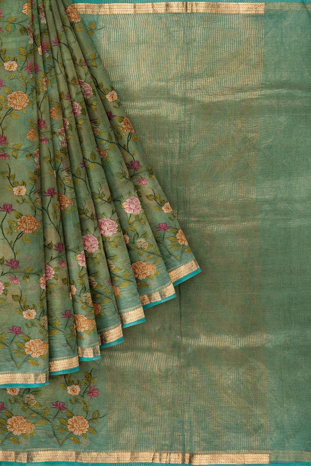 Green Embroidered Tissue Saree F00680