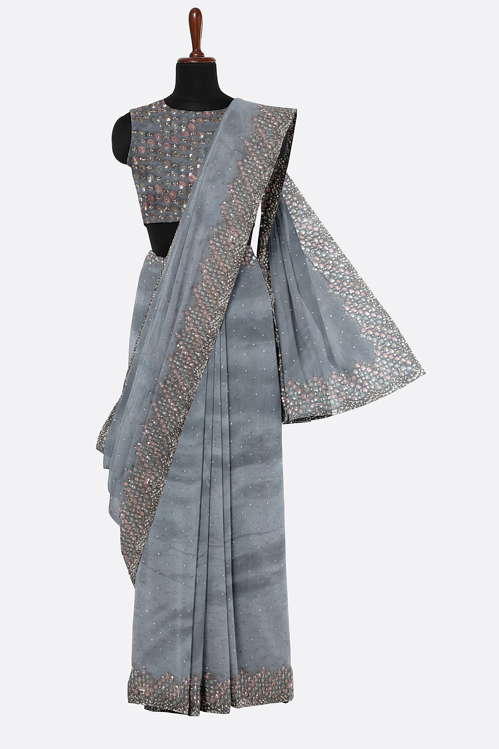 Grey Embroidered Organza Saree F01174