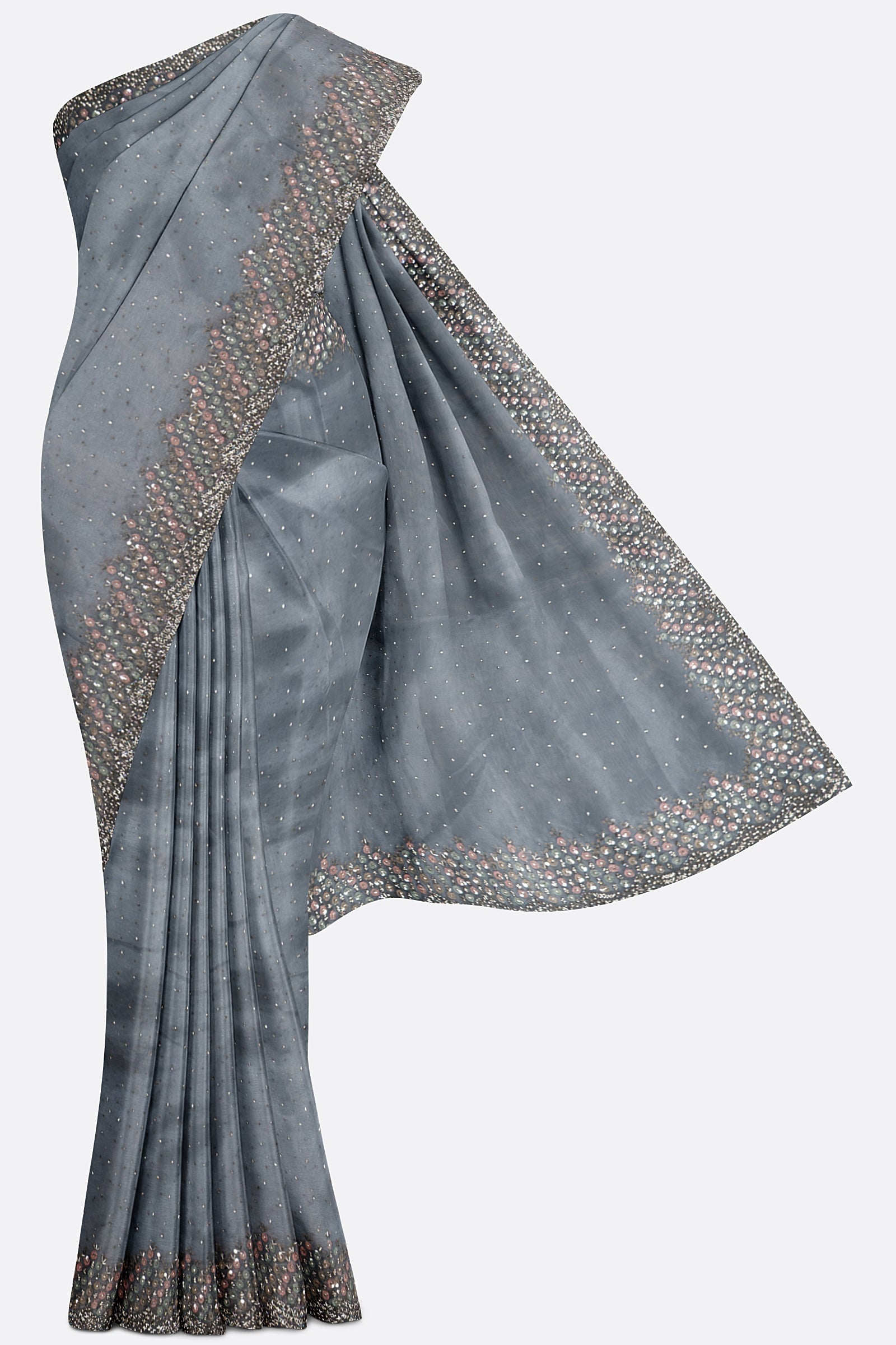 Grey Embroidered Organza Saree F01174