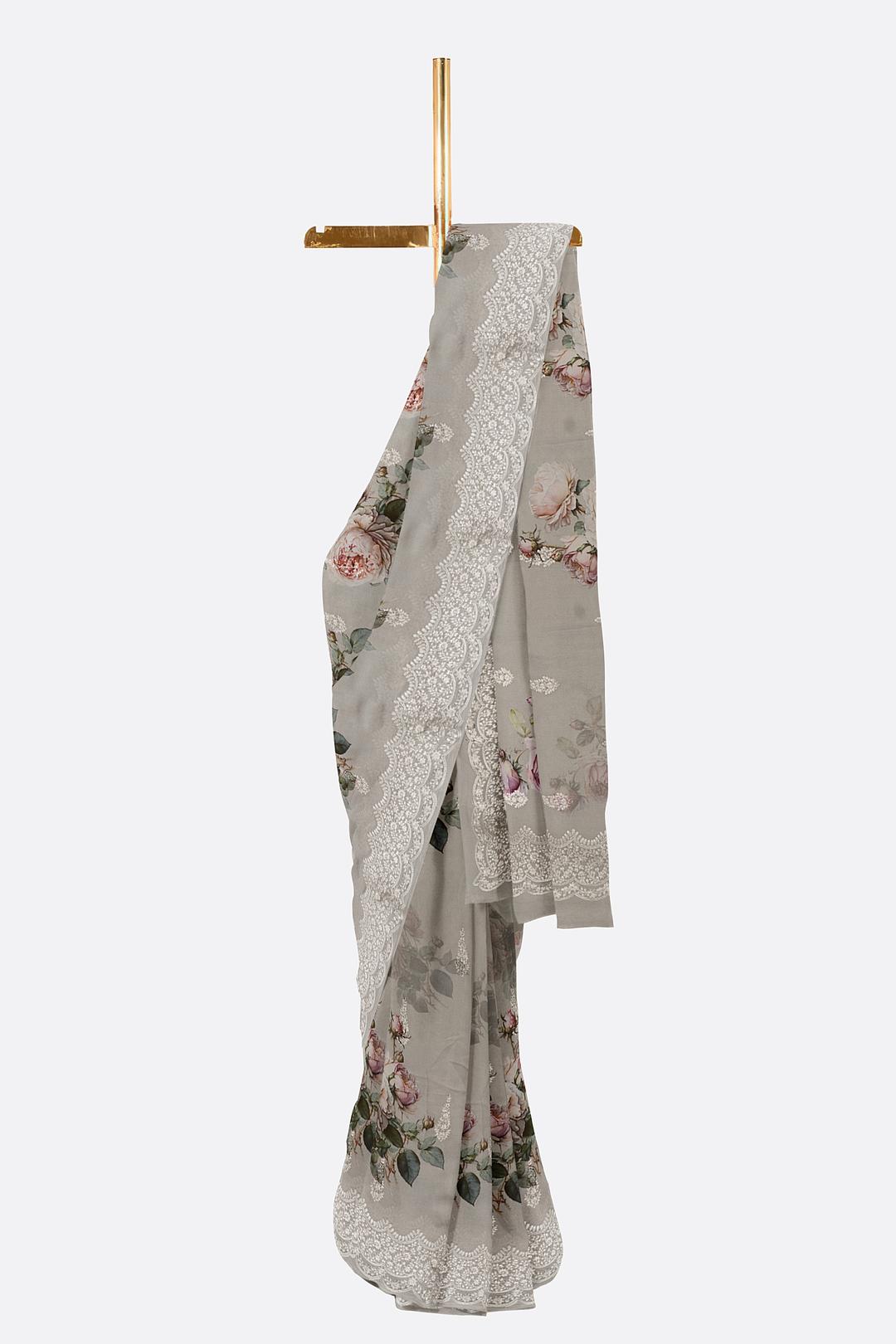 Grey Printed Georgette Saree F00817