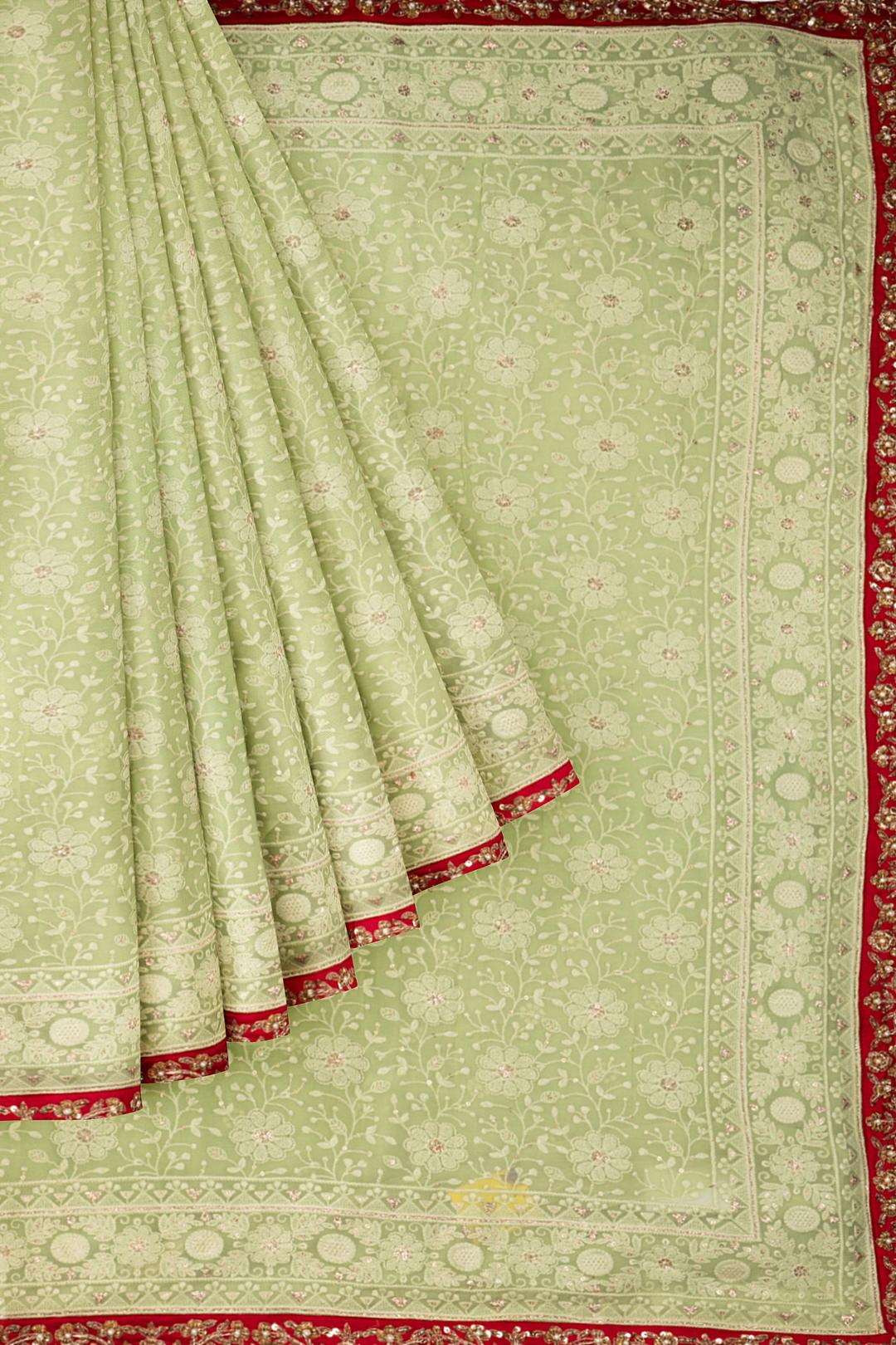 Light Green Embroidered Georgette Saree F01091