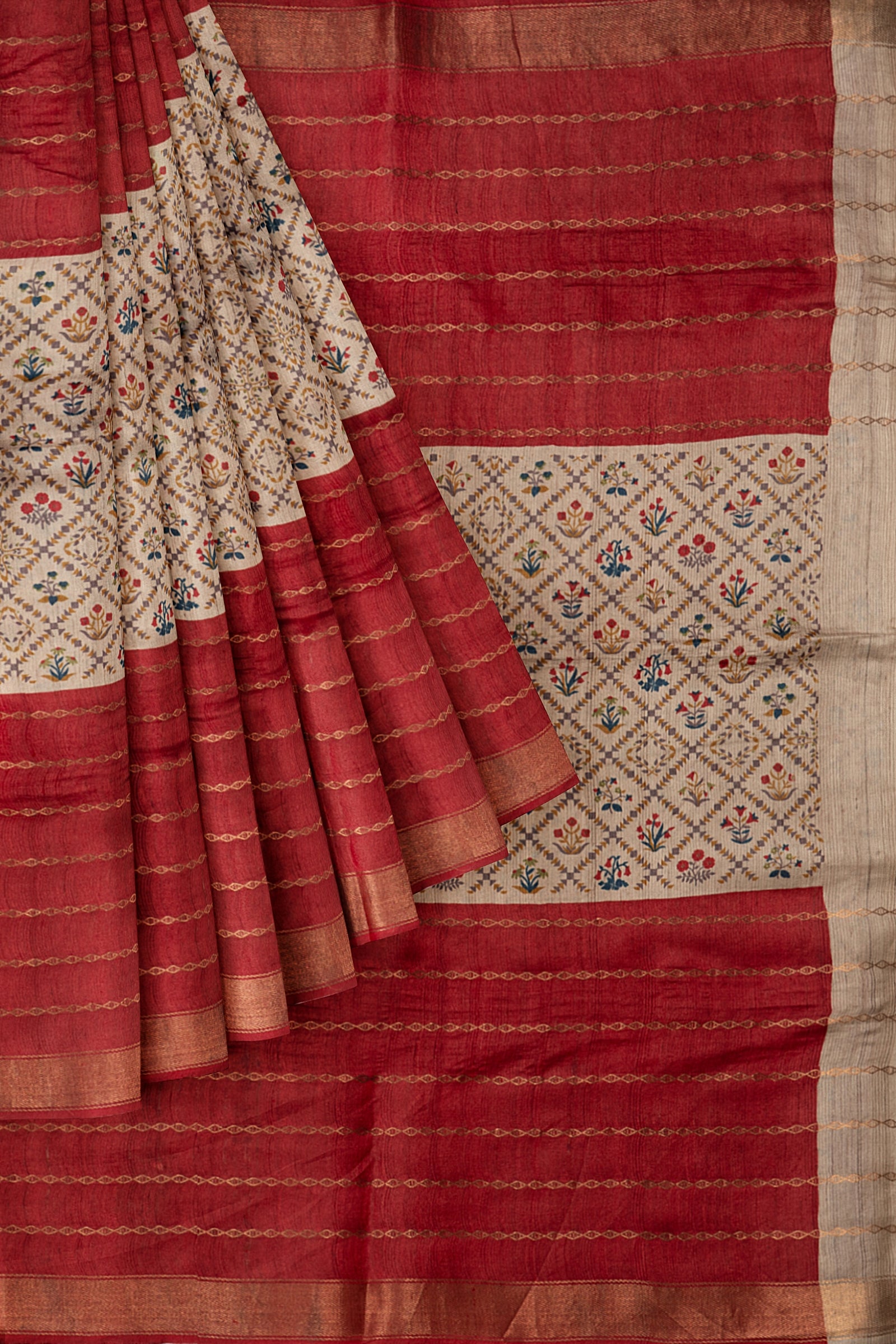 Maroon Printed Tussar Saree F01135