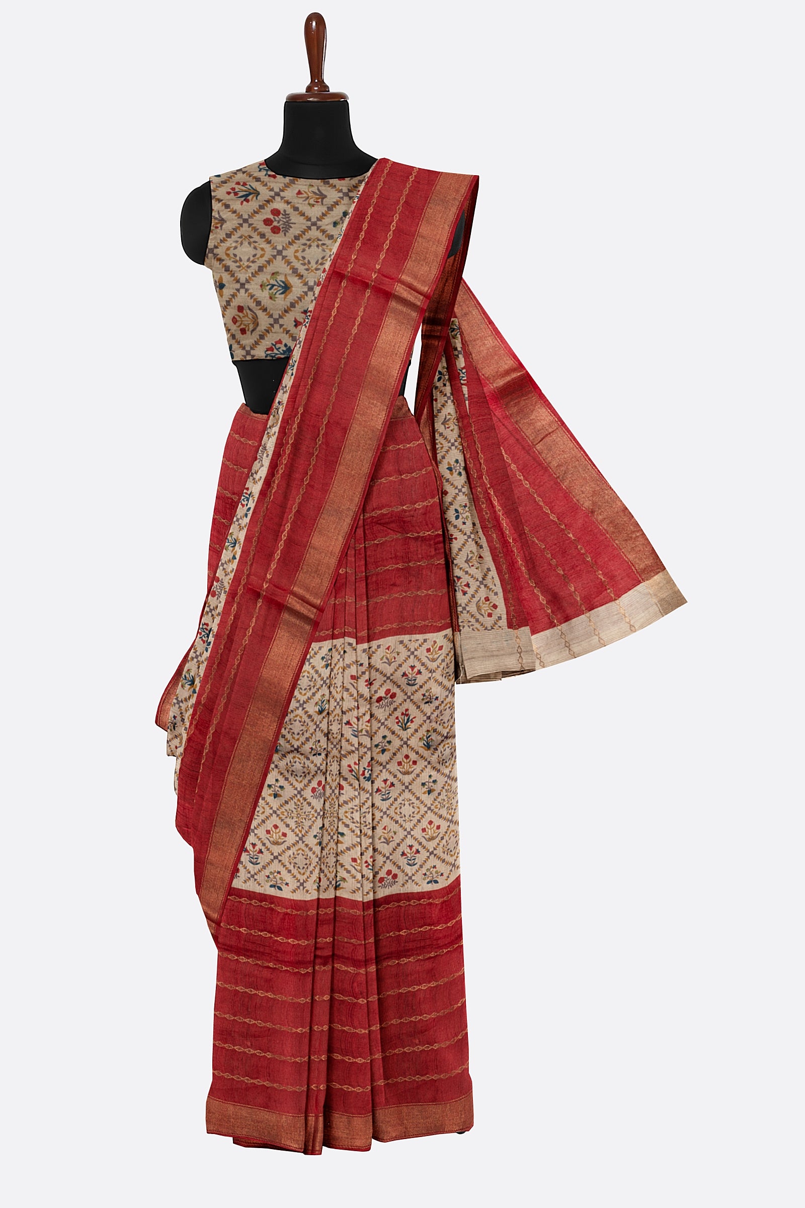 Maroon Printed Tussar Saree F01135