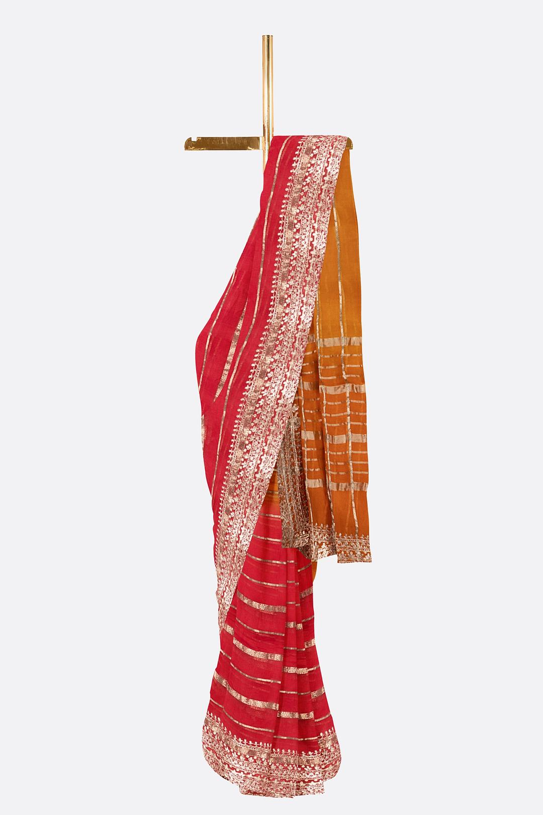 Red And Orange Plain Organza Saree F01106